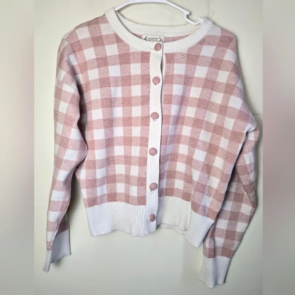 Nanette Lepore Pink and White Plaid Cardigan